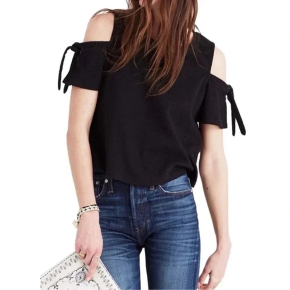 Madewell Skylark Black Top Cold Shoulder Arm Ties XS Textural Knit - Picture 2 of 5